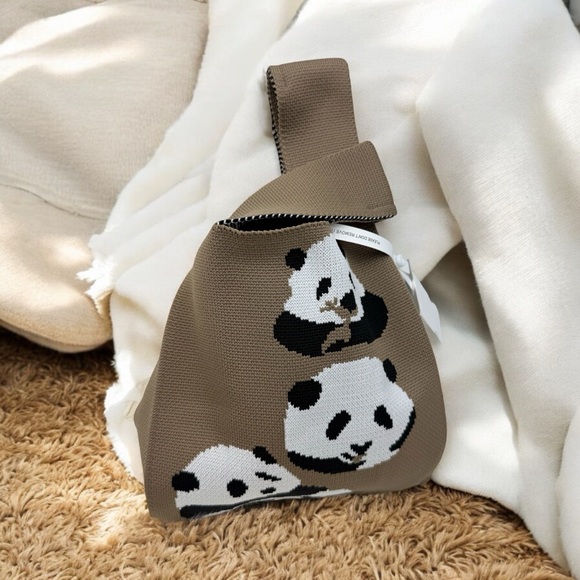 NWT Dark Chocolate Pandas Compact Stylish Essentials Handheld Bag - Picture 2 of 8